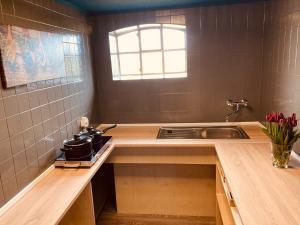 a kitchen with a sink and a stove in it at Hof Steinhütten in Westerhever