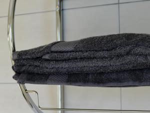 a towel hanging on a towel rack in a bathroom at Appart'hôtel Chambrappart in Falaise