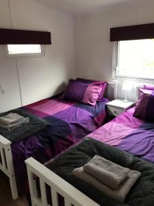 two beds in a room with purple sheets at Daffodil Lodge in Builth Wells