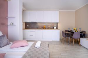 希歐福克的住宿－MF Siófok Beach Wellness Apartment，一间带一张床的房间和一间带桌子的厨房