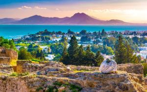a bag of trash sitting on a rock overlooking a city at Ideal Appart Ain Zaghouan Tunis in El Aouina