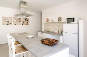 a kitchen with a counter and a white refrigerator at Villa Sokaki in Lindos