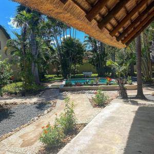 a backyard with a swimming pool and palm trees at La Lechere Guest House in Phalaborwa