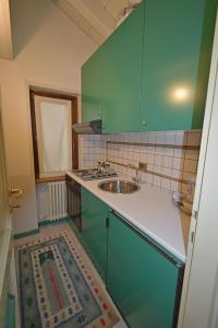 una pequeña cocina con armarios verdes y fregadero en Villa al Campo en Madonna di Campiglio