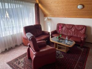 ein Wohnzimmer mit 2 Ledersesseln und einem Tisch in der Unterkunft Aparthotel HAUS USEDOM in Ostseebad Kölpinsee