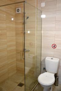 a bathroom with a toilet and a glass shower at Park Lakeside Ohrid in Ohrid