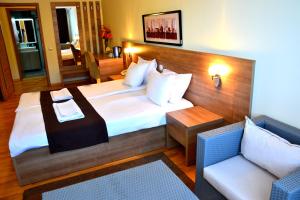 une chambre d'hôtel avec un lit et une chaise dans l'établissement Park Lakeside Ohrid, à Ohrid
