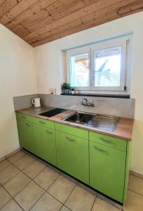 a kitchen with green cabinets and a sink at privates Ferienhaus Lungern see-you in Lungern