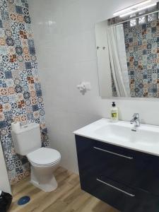 a bathroom with a toilet and a sink and a mirror at Rico Apartaments Parador in Nerja +36 photos
