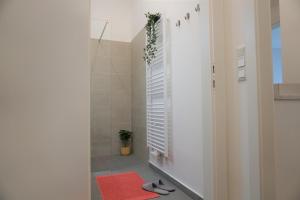 W łazience znajduje się prysznic z czerwonym dywanem. w obiekcie Modern 2Br Apartments - Full Kitchen - Schönbrunn Area - 15 Mins to City Center w Wiedniu