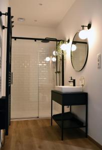 La salle de bains est pourvue d'un lavabo, d'un miroir et d'une douche. dans l'établissement Appartement au centre de Jambes-Namur Sleep & Repeat, à Jambes