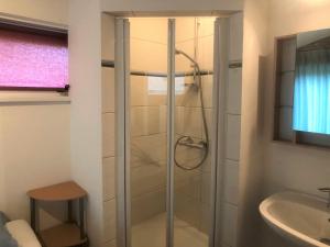 een badkamer met een douche, een wastafel en een toilet bij Wielewaal tuinhuis in Cadzand