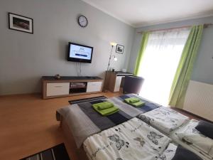 Un dormitorio con una cama y un televisor de pantalla plana. en Smart Szállás apartman, en Miskolc