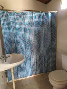 a bathroom with a blue shower curtain and a sink at Los Patos in Chumillo