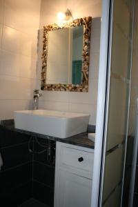 ein Badezimmer mit einem weißen Waschbecken und einem Spiegel in der Unterkunft Agriturismo podere 678 in Grosseto