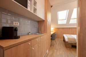 a kitchen with a sink and a bed in a room at Central Park Rooms in Oradea
