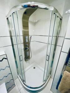 a shower with a glass door in a bathroom at Kisfaludy Residence in Balatonfüred