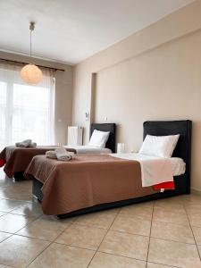 two beds in a large room with at Theros Apartment Preveza in Preveza