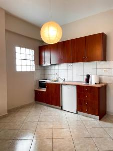 a kitchen with wooden cabinets and a white dishwasher at Theros Apartment Preveza in Preveza