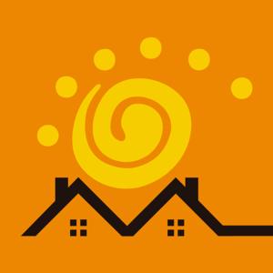 un cartello arancione con un sole sopra case e tetti di A CASINA - STUDIOS Metrô FARIA LIMA a San Paolo