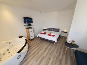 um quarto com uma banheira e uma cama e uma banheira em LE PIED A TERRE em La Châtre