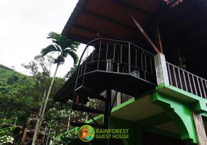 a building with a balcony next to a palm tree at Rain Forest Guest House in Bukit Lawang