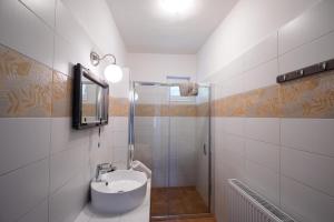 y baño con lavabo y ducha. en Miliő Apartman Badacsony, en Badacsonytördemic