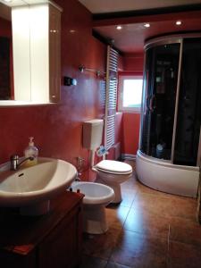 La salle de bains est pourvue d'un lavabo blanc et de toilettes. dans l'établissement Casa Mamei, à Suceava