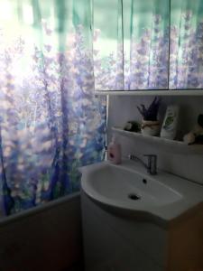 a bathroom with a sink and a shower curtain at Apartament Eduard in Orşova +69 photos
