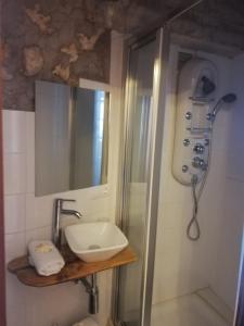 een badkamer met een douche, een wastafel en een spiegel bij Son MASSANET, con piscina y fantásticas vistas in Campanet