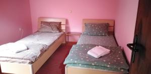 two twin beds in a room with pink walls at TEA Apartmani in Bajina Bašta