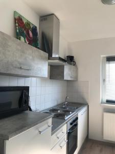 a kitchen with a sink and a stove top oven at M&M Serviced Appartment in Grafenwöhr