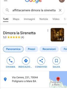 Capture d'écran d'une capture d'écran d'un téléphone portable de l'appli Google dans l'établissement Dimora la Sirenetta, à Polignano a Mare