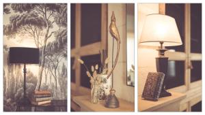two pictures of a room with a lamp on a table at La Villa Celestine in Chablis