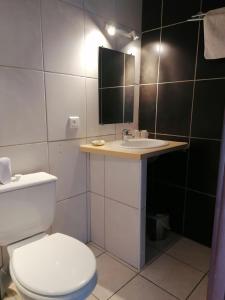 La salle de bains est pourvue de toilettes blanches et d'un lavabo. dans l'établissement Hotel Restaurant L'Escale, au Grau-dʼAgde