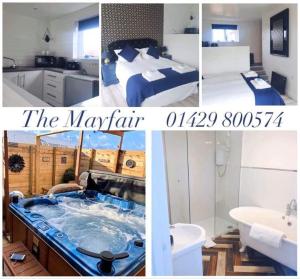 un collage di quattro immagini di una camera da letto e di un bagno di The Mayfair Lodge & Family Suite a Hartlepool