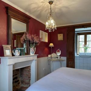 a bedroom with a fireplace and a bed and a chandelier at Domaine de Sault in Dore-lʼÉglise