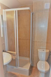 La salle de bains est pourvue d'une douche, de toilettes et d'un lavabo. dans l'établissement Podkrovný apartmán Donovaly AD Tatran, à Donovaly
