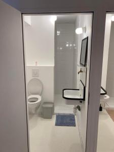 La salle de bains est pourvue de toilettes et d'une télévision. dans l'établissement Dortoir de charme 12 lits 600m plage, à Longeville-sur-Mer