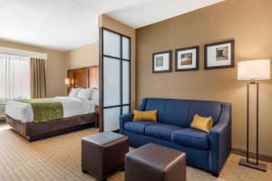 a hotel room with a bed and a blue couch at Comfort Suites San Antonio Airport North in San Antonio