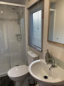 ein Bad mit einem Waschbecken, einem WC und einer Dusche in der Unterkunft Nidd Way Holiday Let in Knaresborough