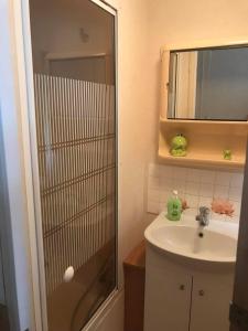 a bathroom with a sink and a shower at Rooms for Rent near Vilnius in Bezdonys