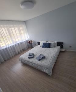 - une chambre avec un lit et 2 serviettes dans l'établissement Alejas Lux Apartment, à Liepāja