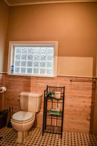 a bathroom with a toilet and a window at Brook Road Cabin in Goshen