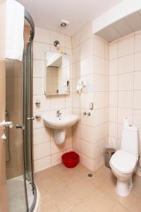 La salle de bains est pourvue de toilettes, d'un lavabo et d'une douche. dans l'établissement Sea view Obzor Beach apartment, à Obzor