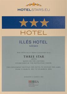 a ticket to a hotel with stars on it at Illés Hotel in Szeged