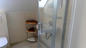 uma casa de banho com um chuveiro, um lavatório e um WC. em Ferienwohnung im Nationalpark Jasmund em Hagen