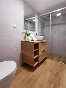 een badkamer met een wastafel, een toilet en een spiegel bij Olmissum rooftop sea view in Omiš