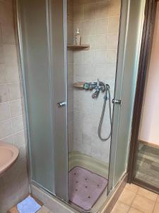 a shower with a glass door in a bathroom at Iluska Vendégház in Kiskunmajsa +24 photos