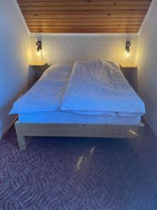 - un lit avec des draps bleus dans une petite pièce dans l'établissement Iluska Vendégház, à Kiskunmajsa